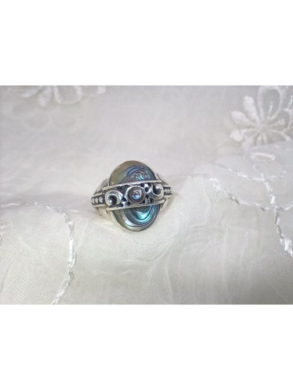 Dual Abalone Shell Stones & Filigree Design Sterling Silver Ring Boho/Native